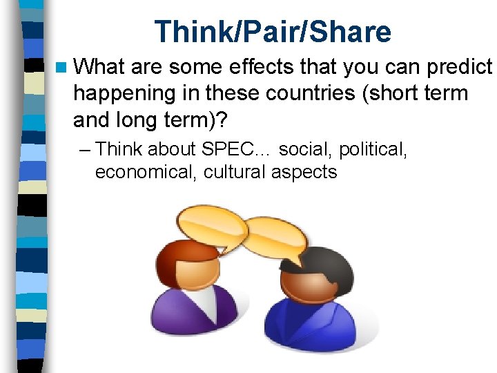Think/Pair/Share n What are some effects that you can predict happening in these countries Think/Pair/Share n What are some effects that you can predict happening in these countries