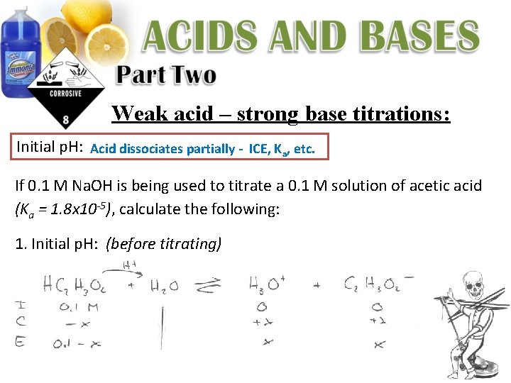 Weak acid – strong base titrations: Initial p. H: Acid dissociates partially - ICE,