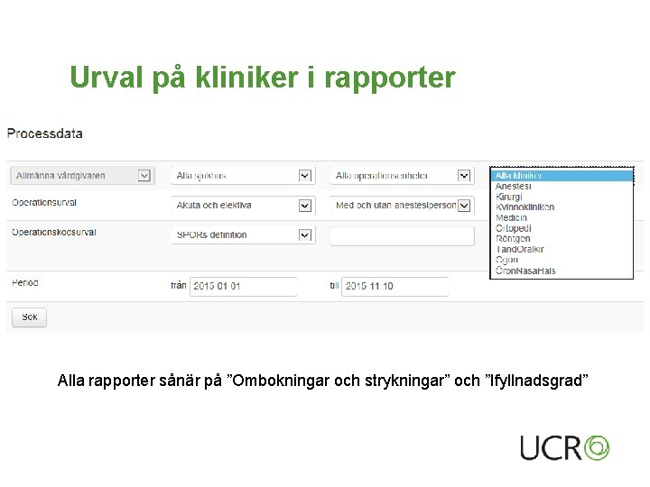 Urval på kliniker i rapporter Alla rapporter sånär på ”Ombokningar och strykningar” och ”Ifyllnadsgrad”