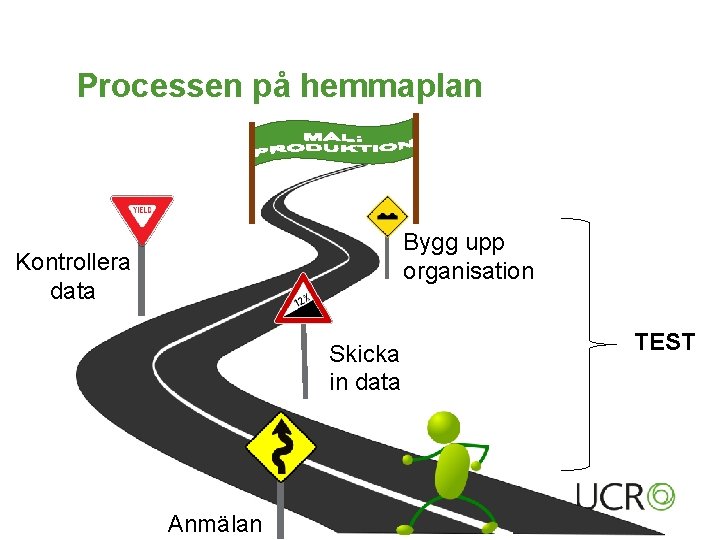 Processen på hemmaplan Bygg upp organisation Kontrollera data Skicka in data Anmälan TEST 