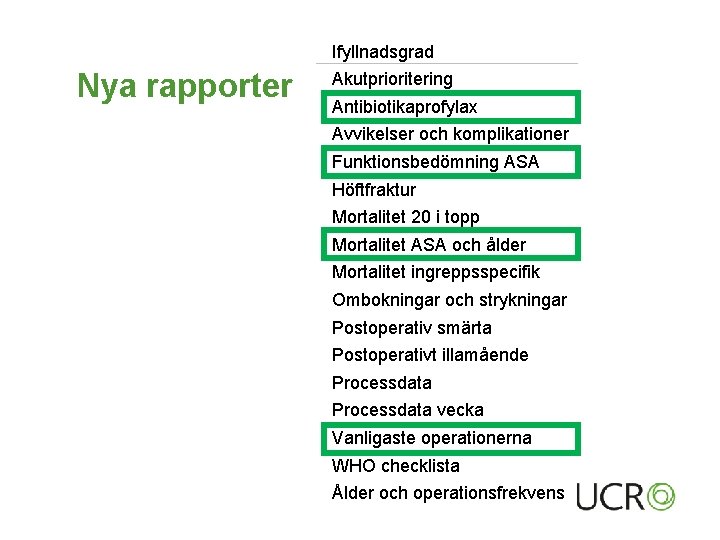 Ifyllnadsgrad Nya rapporter Akutprioritering Antibiotikaprofylax Avvikelser och komplikationer Funktionsbedömning ASA Höftfraktur Mortalitet 20 i