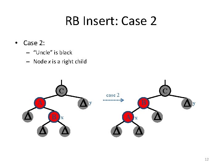 RB Insert: Case 2 • Case 2: – “Uncle” is black – Node x