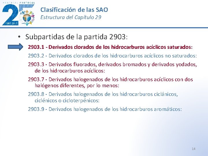 Clasificación de las SAO Estructura del Capítulo 29 • Subpartidas de la partida 2903: