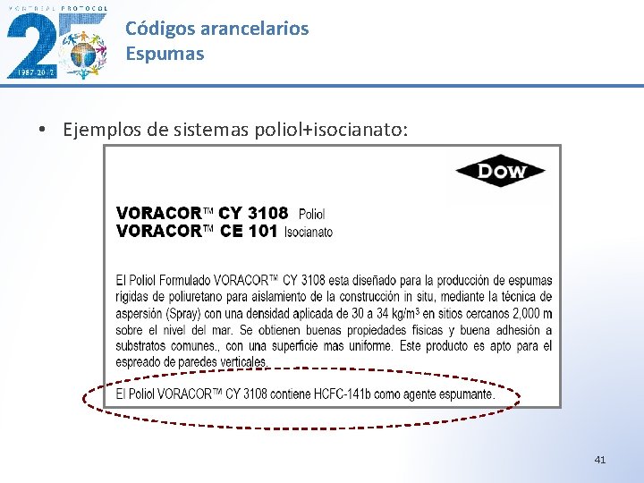 Códigos arancelarios Espumas • Ejemplos de sistemas poliol+isocianato: 41 