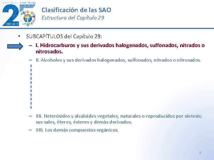 Clasificación de las SAO Estructura del Capítulo 29 • SUBCAPÍTULOS del Capítulo 29: –