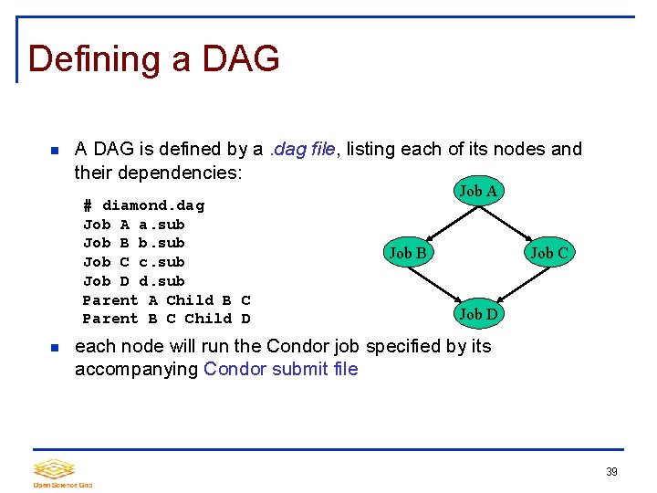 Defining a DAG A DAG is defined by a. dag file, listing each of