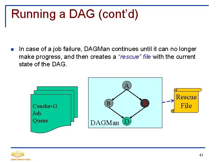 Running a DAG (cont’d) In case of a job failure, DAGMan continues until it