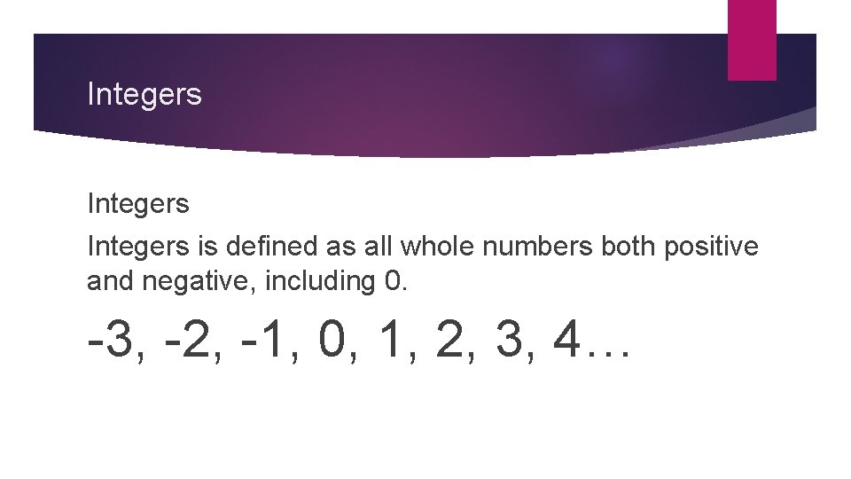 Integers is defined as all whole numbers both positive and negative, including 0. -3,