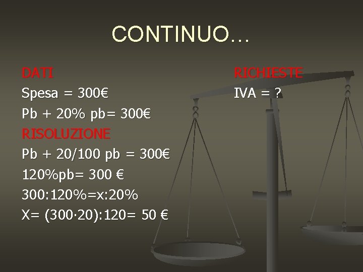 CONTINUO… DATI Spesa = 300€ Pb + 20% pb= 300€ RISOLUZIONE Pb + 20/100