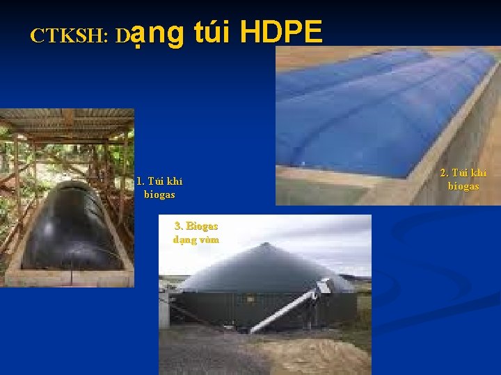 CTKSH: Dạng túi HDPE 1. Túi khí biogas 3. Biogas dạng vòm 2. Túi