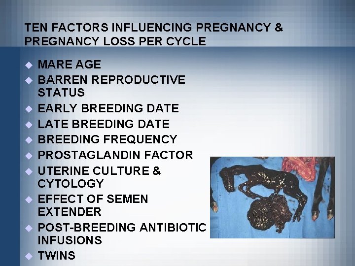 TEN FACTORS INFLUENCING PREGNANCY & PREGNANCY LOSS PER CYCLE u u u u u