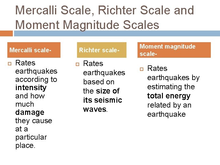 Mercalli Scale, Richter Scale and Moment Magnitude Scales Mercalli scale Rates earthquakes according to Mercalli Scale, Richter Scale and Moment Magnitude Scales Mercalli scale Rates earthquakes according to