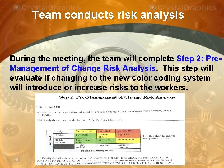 Team conducts risk analysis During the meeting, the team will complete Step 2: Pre.