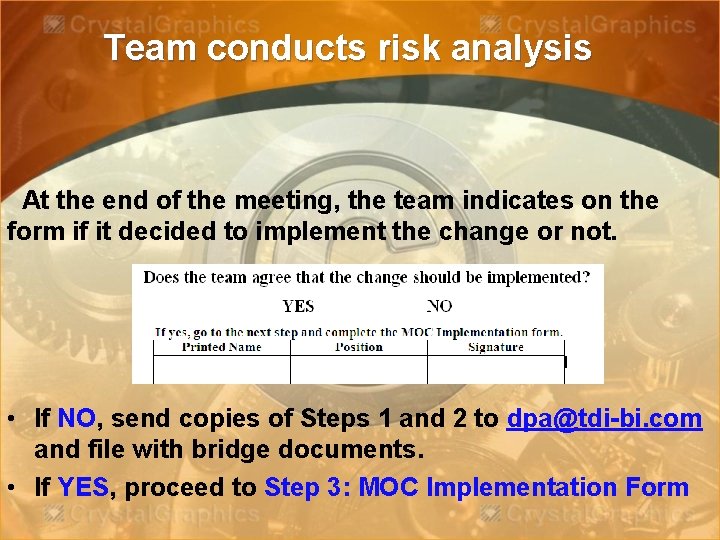 Team conducts risk analysis At the end of the meeting, the team indicates on
