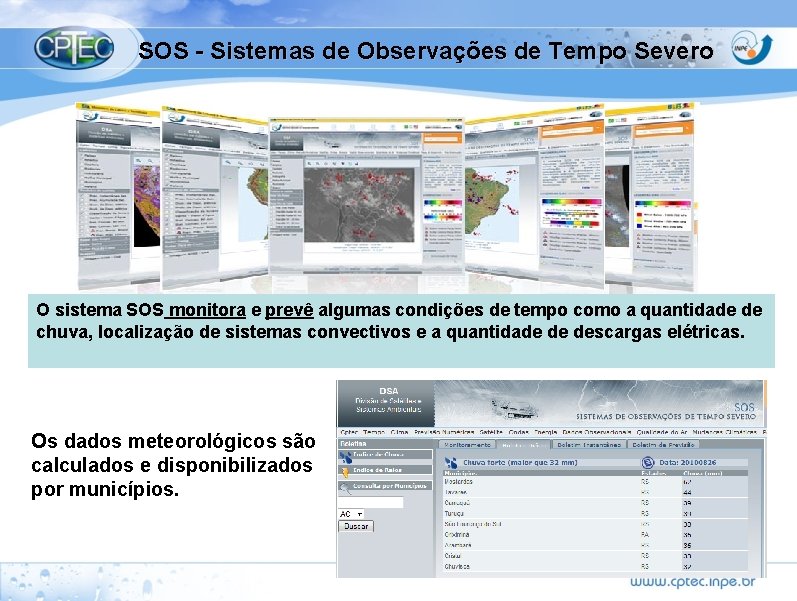 SOS - Sistemas de Observações de Tempo Severo O sistema SOS monitora e prevê