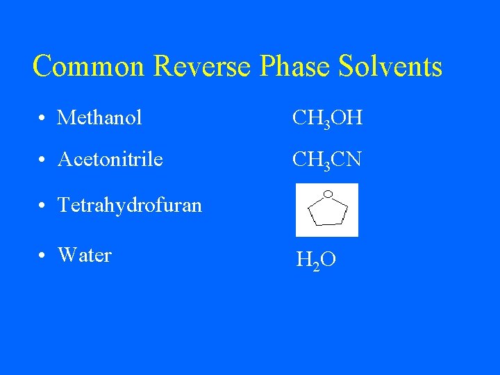 Common Reverse Phase Solvents • Methanol CH 3 OH • Acetonitrile CH 3 CN