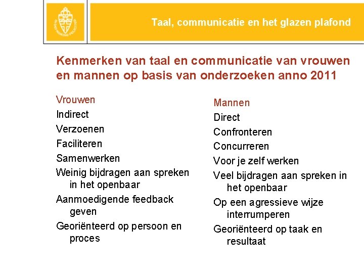 Taal, communicatie en het glazen plafond Kenmerken van taal en communicatie van vrouwen en