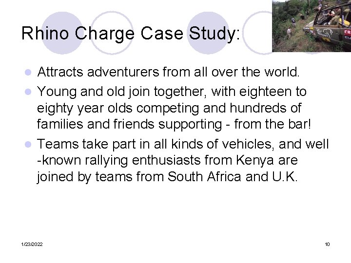 Rhino Charge Case Study: Attracts adventurers from all over the world. l Young and