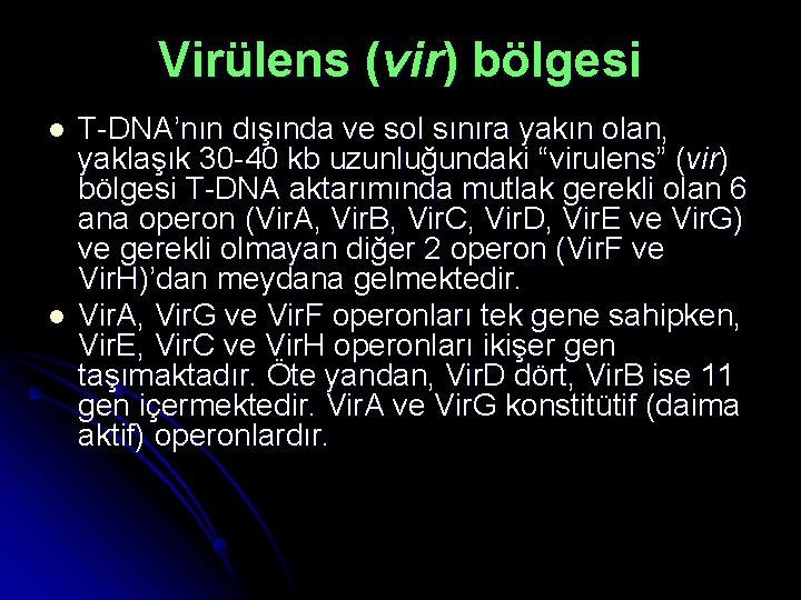 Virülens (vir) bölgesi l l T-DNA’nın dışında ve sol sınıra yakın olan, yaklaşık 30