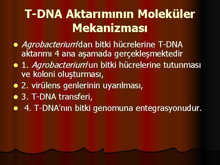 T-DNA Aktarımının Moleküler Mekanizması l l l Agrobacterium’dan bitki hücrelerine T-DNA aktarımı 4 ana