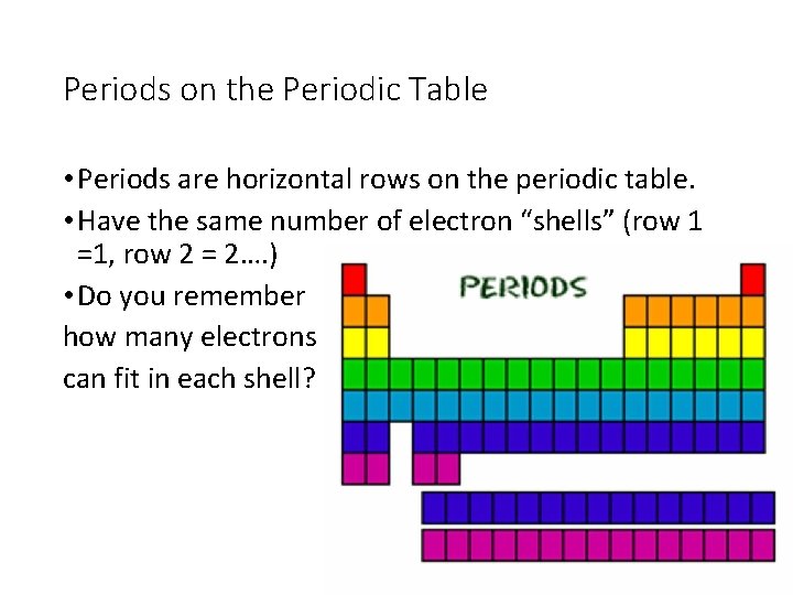 Periods on the Periodic Table • Periods are horizontal rows on the periodic table.