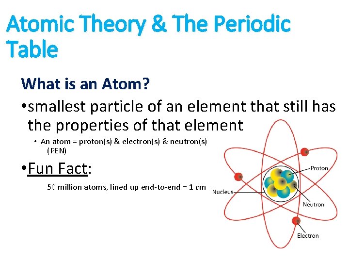 Atomic Theory & The Periodic Table What is an Atom? • smallest particle of
