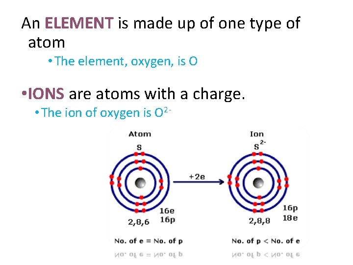 An ELEMENT is made up of one type of atom • The element, oxygen,