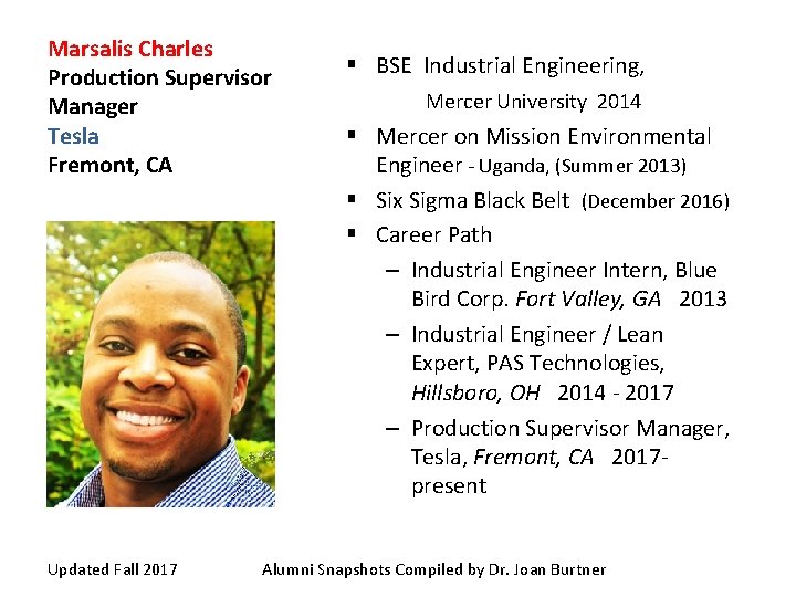 Marsalis Charles Production Supervisor Manager Tesla Fremont, CA Updated Fall 2017 § BSE Industrial