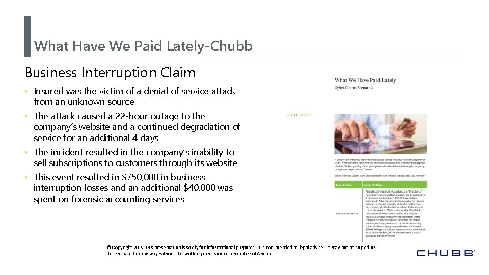 What Have We Paid Lately-Chubb Business Interruption Claim • Insured was the victim of