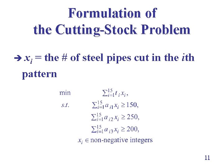 Formulation of the Cutting-Stock Problem è xi = the # of steel pipes cut