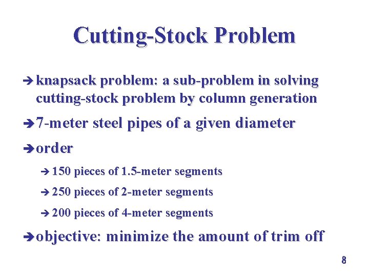 Cutting-Stock Problem è knapsack problem: a sub-problem in solving cutting-stock problem by column generation