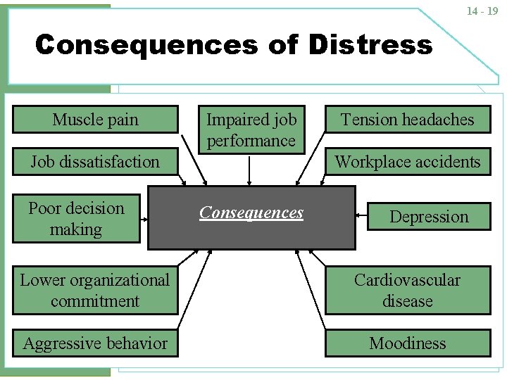 14 - 19 Consequences of Distress Muscle pain Impaired job performance Job dissatisfaction Poor