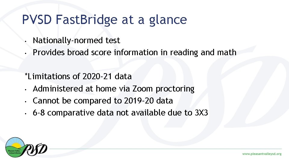 PVSD Fast. Bridge at a glance • • Nationally-normed test Provides broad score information