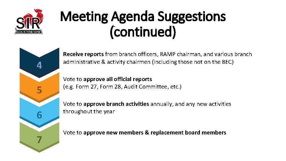Meeting Agenda Suggestions (continued) 4 5 6 7 Receive reports from branch officers, RAMP