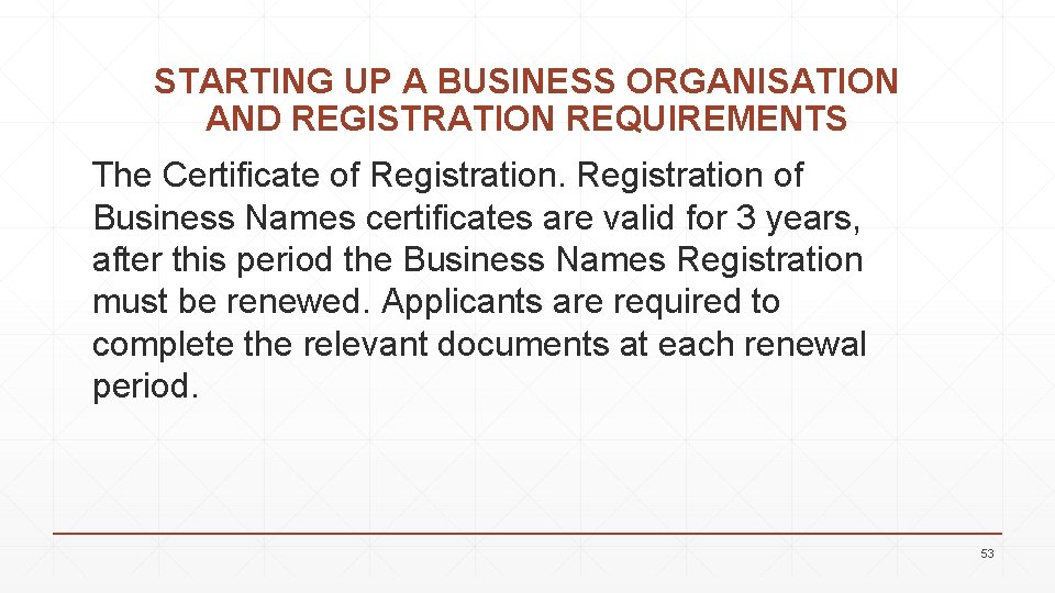 STARTING UP A BUSINESS ORGANISATION AND REGISTRATION REQUIREMENTS The Certificate of Registration of Business