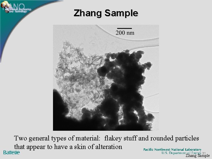 Zhang Sample Two general types of material: flakey stuff and rounded particles that appear