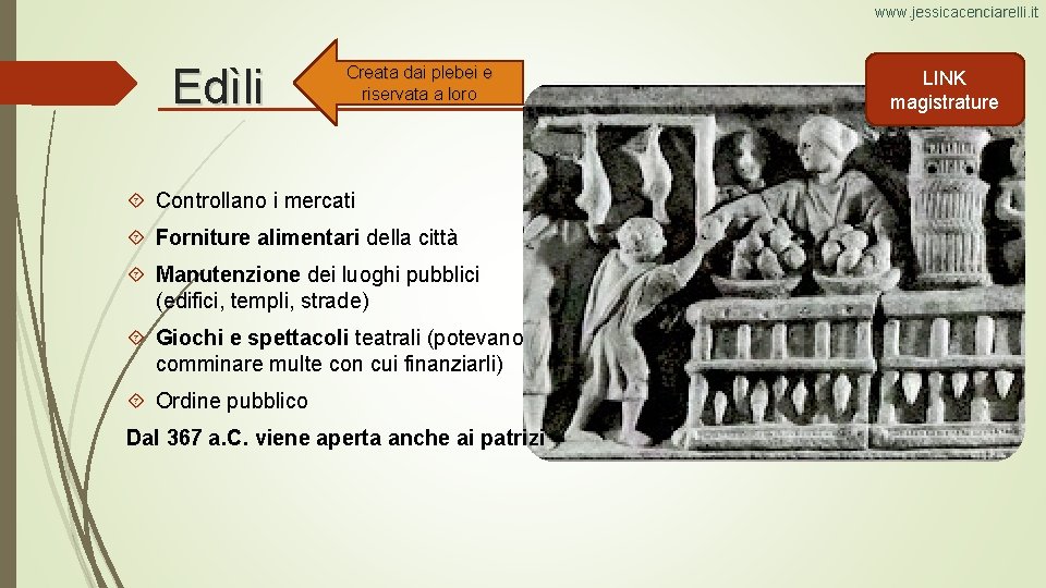 www. jessicacenciarelli. it Edìli Creata dai plebei e riservata a loro Controllano i mercati