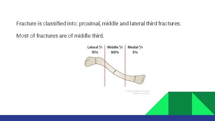 Fracture is classified into: proximal, middle and lateral third fractures. Most of fractures are