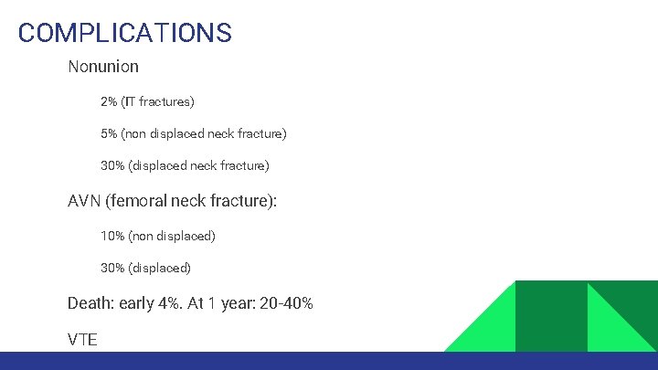 COMPLICATIONS Nonunion 2% (IT fractures) 5% (non displaced neck fracture) 30% (displaced neck fracture)