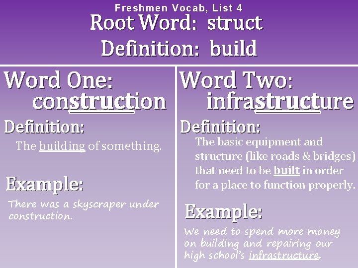 Freshme n Vocab, List 4 Root Word: struct Definition: build Word One: Word Two: