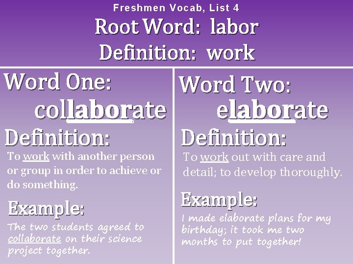 Freshme n Vocab, List 4 Root Word: labor Definition: work Word One: Word Two: