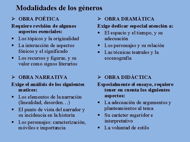 Modalidades de los géneros Ø OBRA POÉTICA Requiere revisión de algunos aspectos esenciales: §