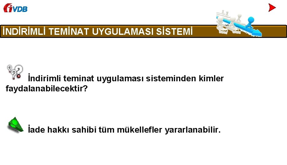 VDB İNDİRİMLİ TEMİNAT UYGULAMASI SİSTEMİ İndirimli teminat uygulaması sisteminden kimler faydalanabilecektir? İade hakkı sahibi