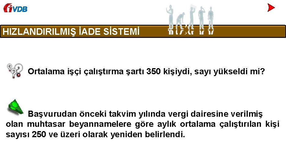 VDB HIZLANDIRILMIŞ İADE SİSTEMİ Ortalama işçi çalıştırma şartı 350 kişiydi, sayı yükseldi mi? Başvurudan