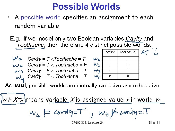 Possible Worlds • A possible world specifies an assignment to each random variable E.