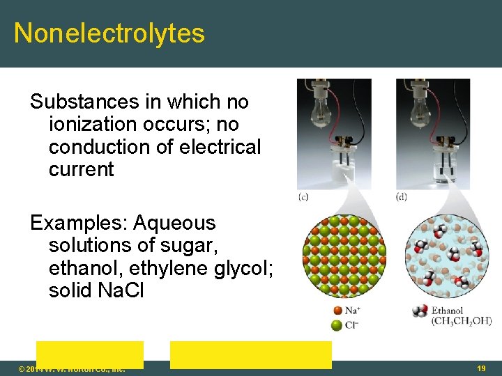 Nonelectrolytes Substances in which no ionization occurs; no conduction of electrical current Examples: Aqueous