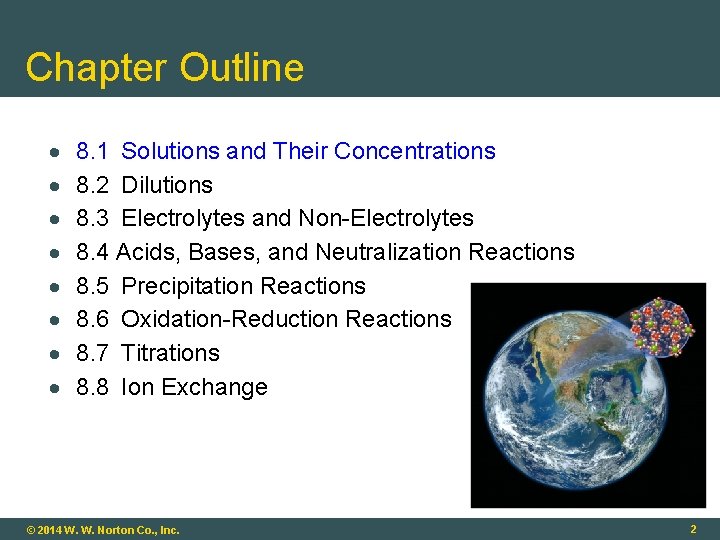 Chapter Outline 8. 1 Solutions and Their Concentrations 8. 2 Dilutions 8. 3 Electrolytes