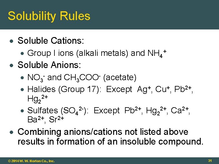 Solubility Rules Soluble Cations: Group I ions (alkali metals) and NH 4+ Soluble Anions: