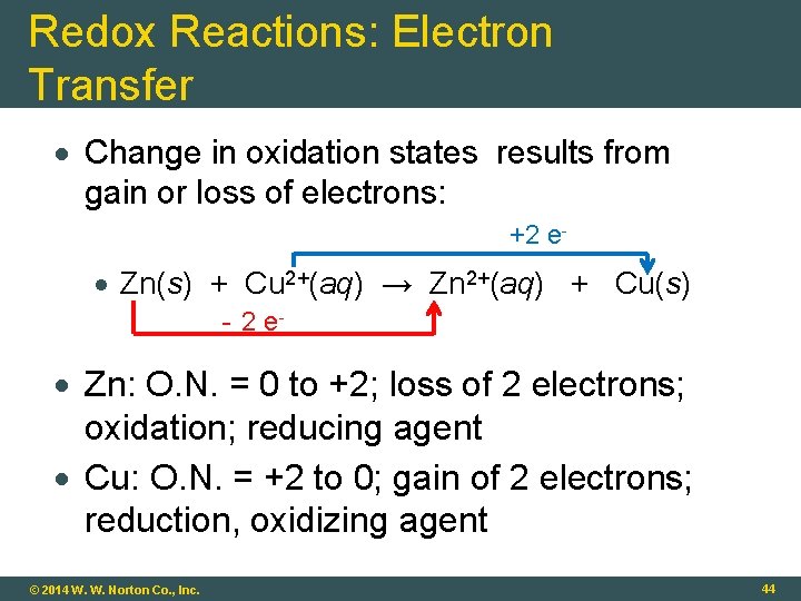 Redox Reactions: Electron Transfer Change in oxidation states results from gain or loss of