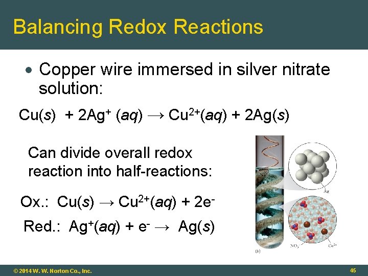 Balancing Redox Reactions Copper wire immersed in silver nitrate solution: Cu(s) + 2 Ag+